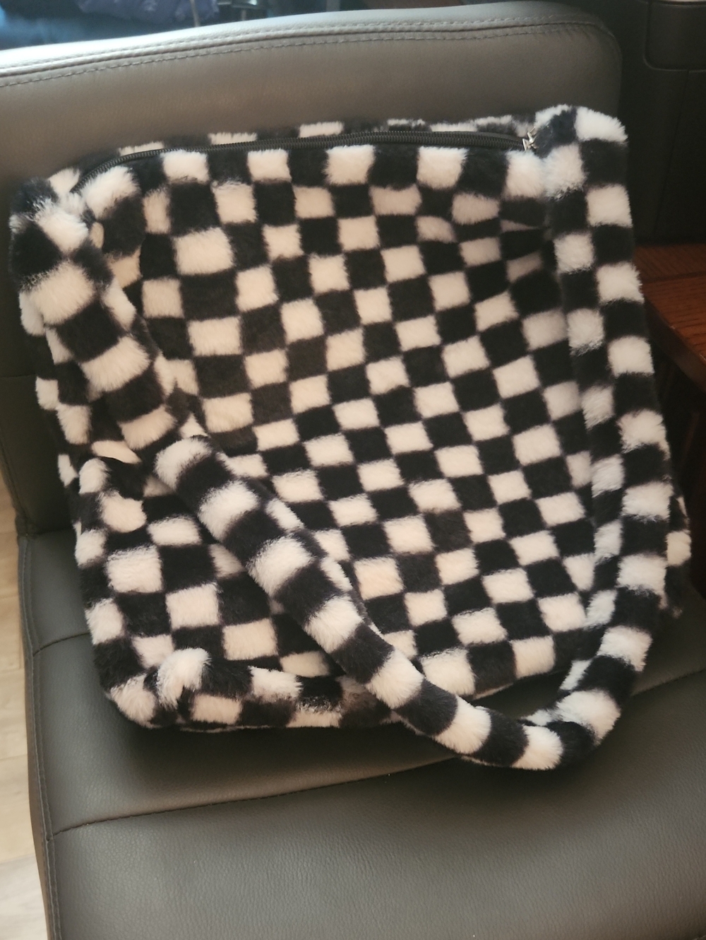 NWOT Faux-Fur Checkered Tote Bag in Black & White